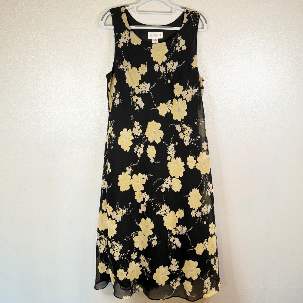 Studio I Womens Black Yellow Floral Sleeveless Midi Dress Size 18 Chiffon Lined